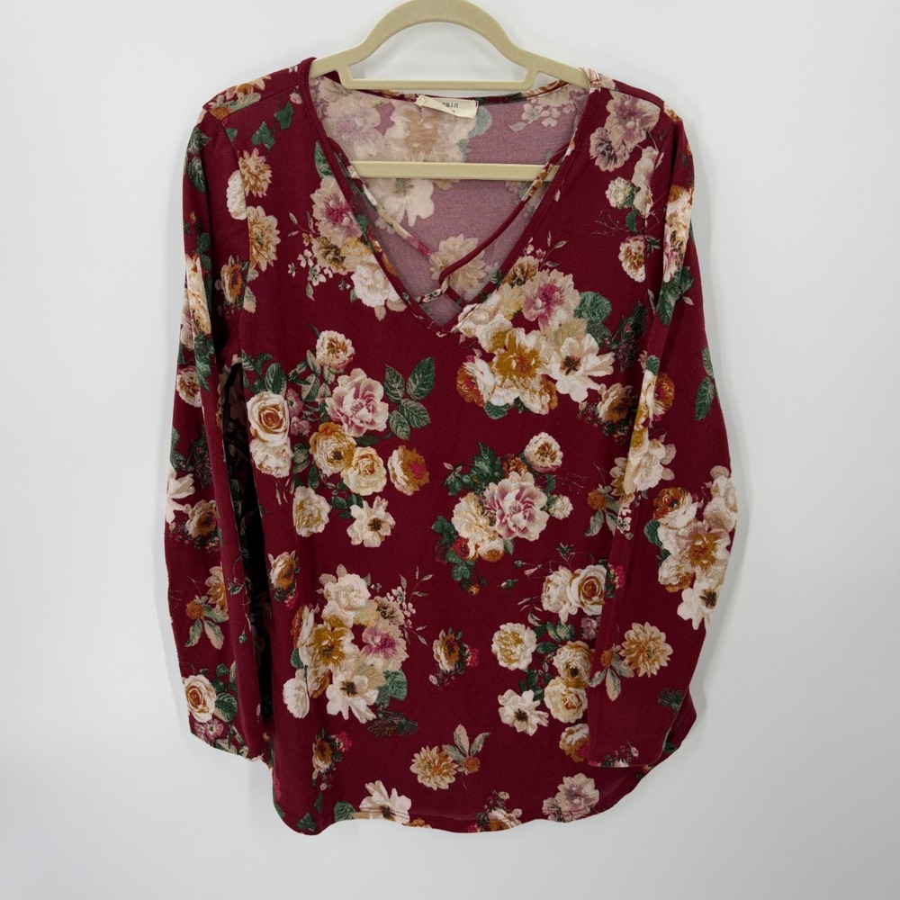 dark floral Strappy V-Neck Long Sleeve M Burgundy Boho Made in USA fairy grunge